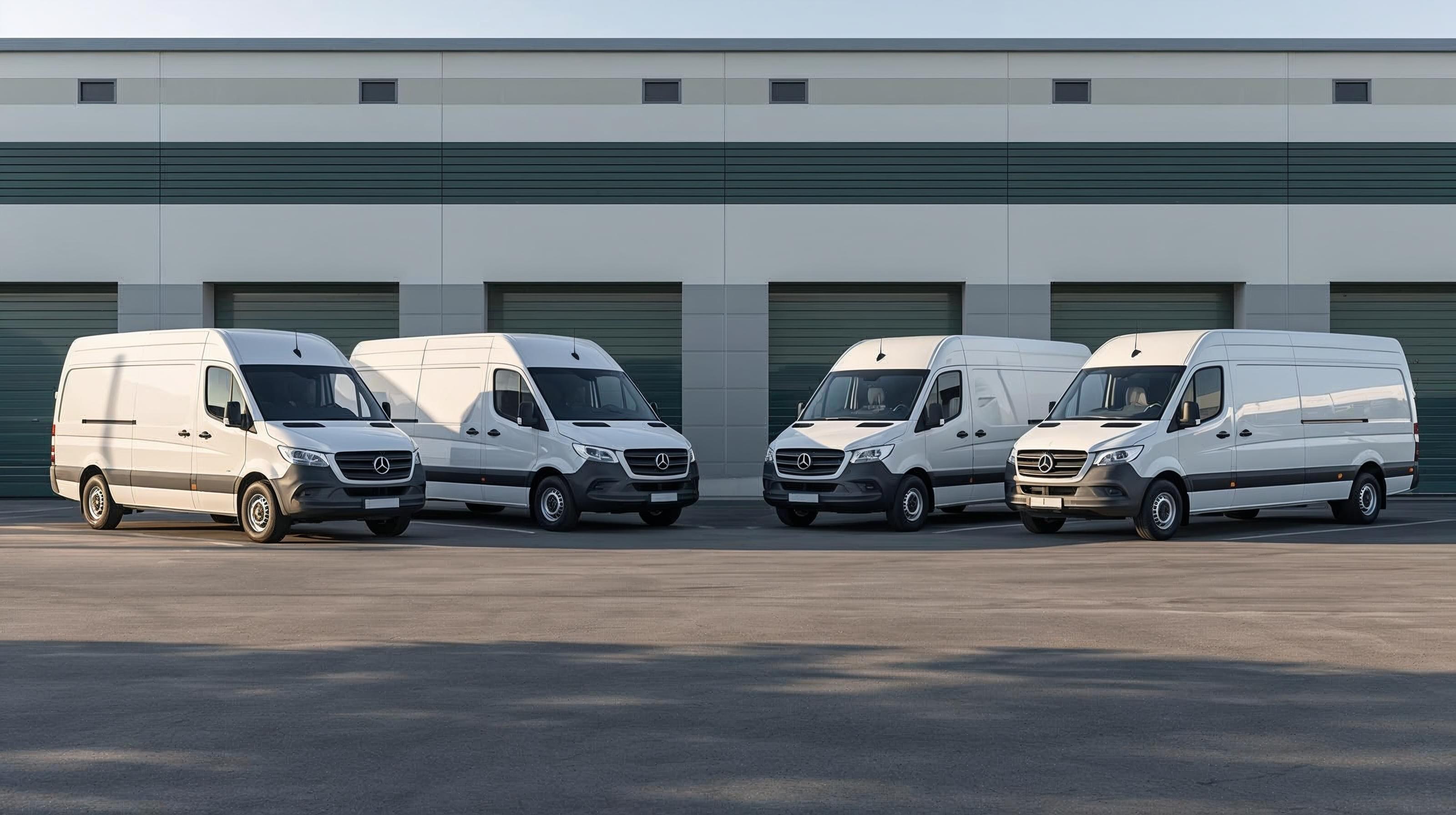 Corporate fleet of white cargo vans ready for professional detailing